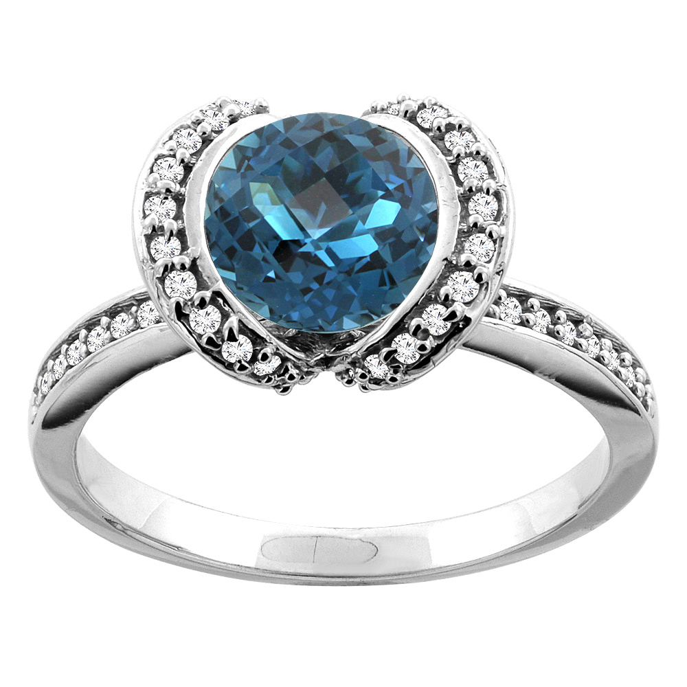 10K White/Yellow Gold Natural London Blue Topaz Ring Round 7mm Diamond Accent, sizes 5 - 10