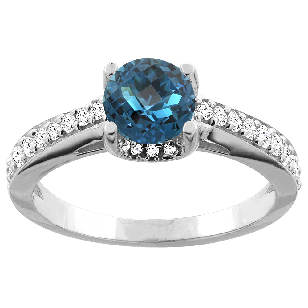 10K White/Yellow Gold Natural London Blue Topaz Ring Round 6mm Diamond Accents 1/4 inch wide, sizes 5 - 10