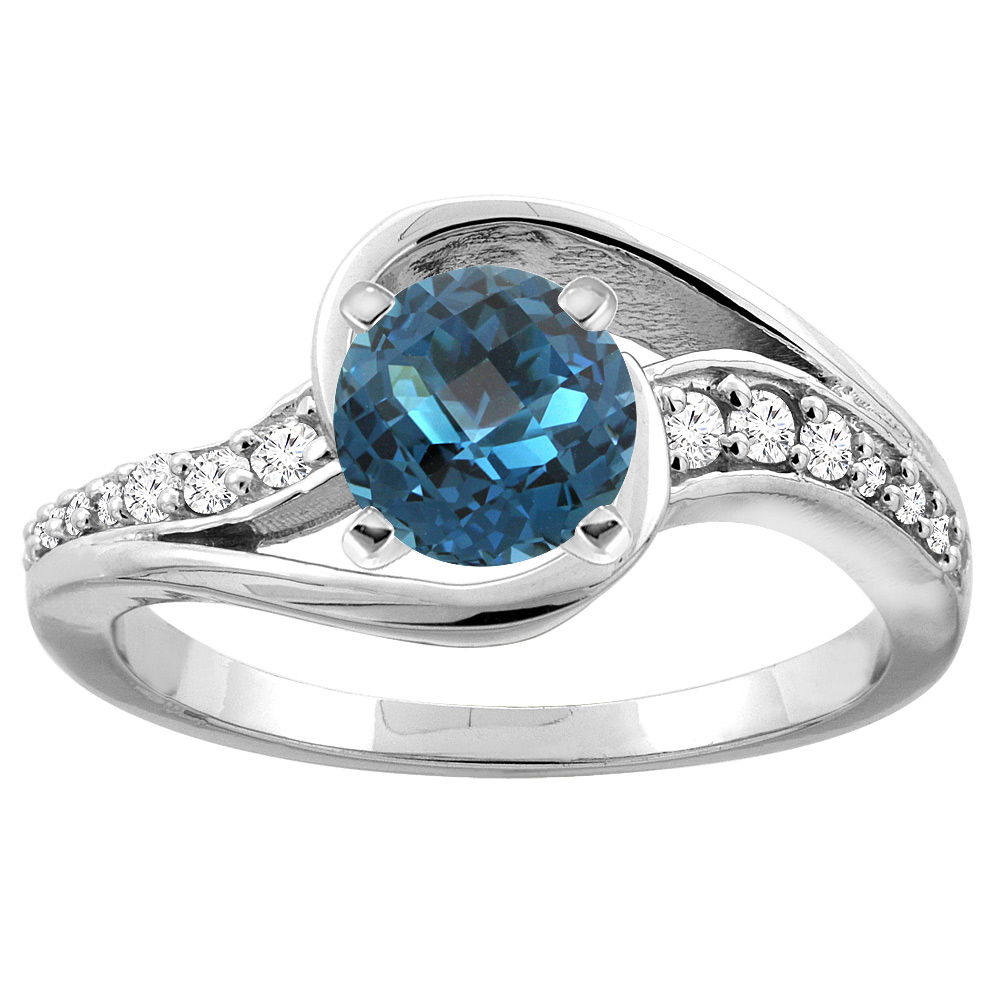 10K White/Yellow Gold Natural London Blue Topaz Bypass Ring Round 6mm Diamond Accent, sizes 5 - 10