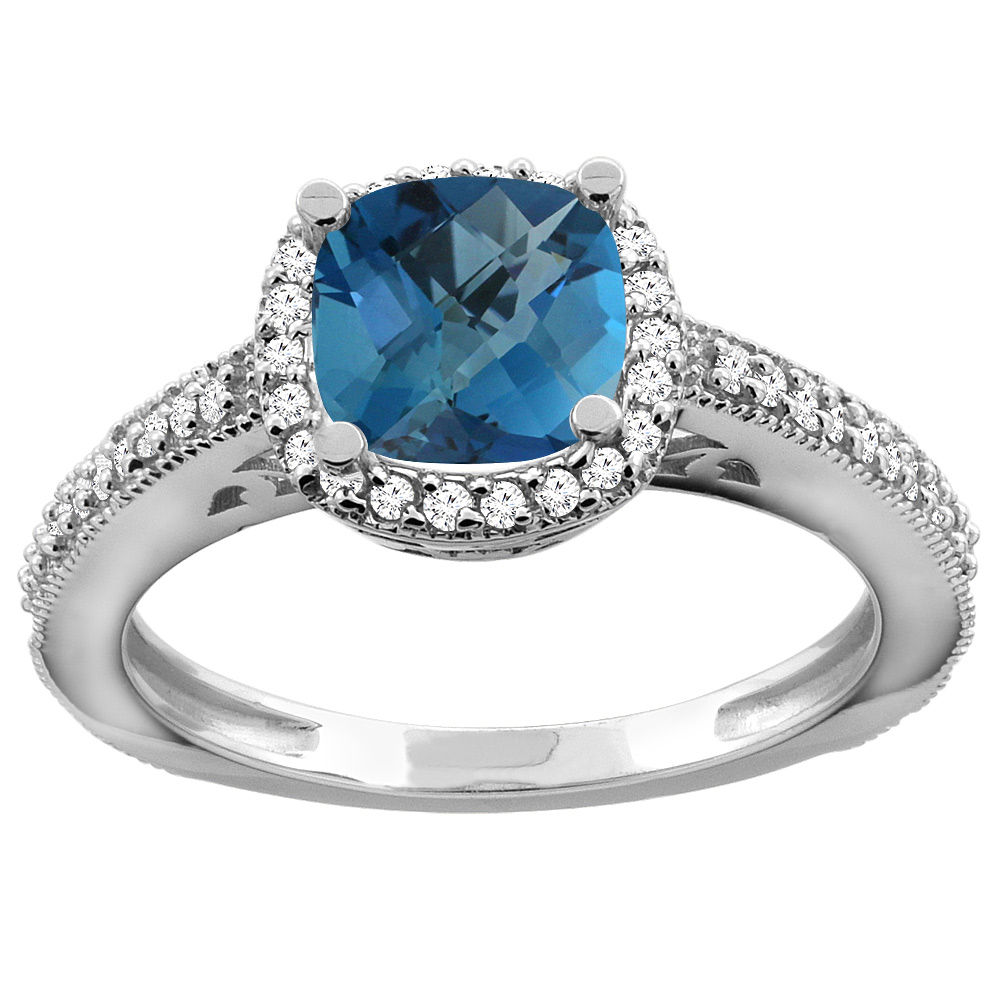 14K Gold Natural London Blue Topaz Engagement Ring Diamond Halo Cushion 7mm, sizes 5 - 10