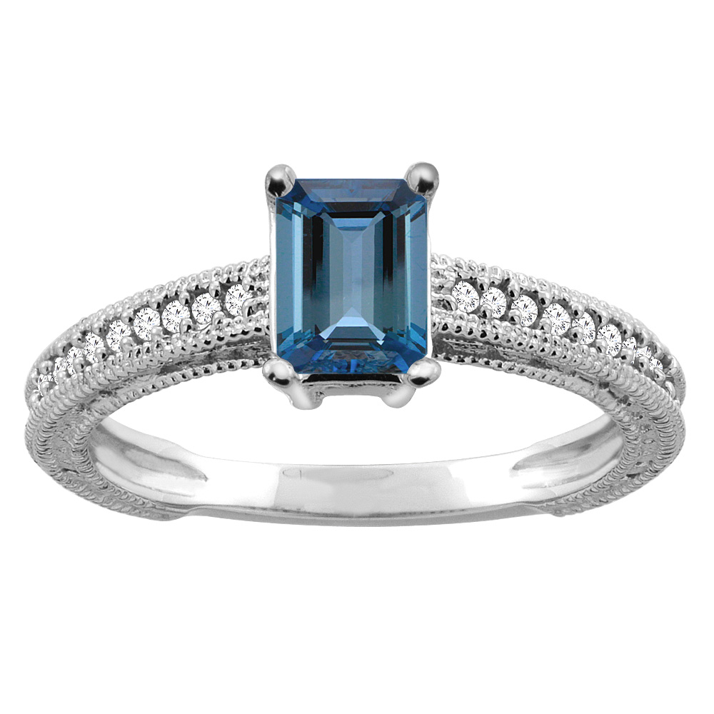 10K Gold Natural London Blue Topaz Engagement Ring Octagon 8x6mm Diamond Accents, sizes 5 - 10