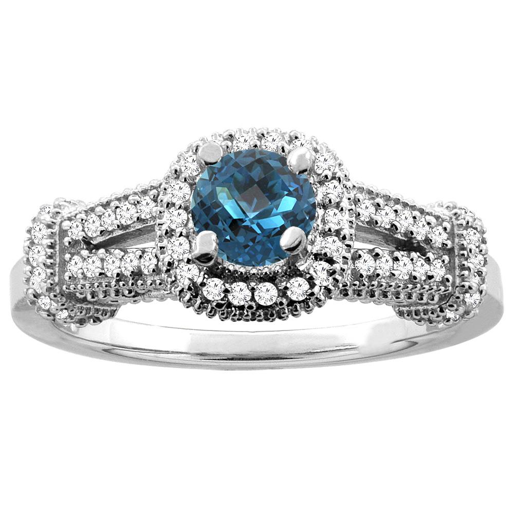 10K White Gold Natural London Blue Topaz Engagement Halo Ring Round 5mm Diamond Accents, sizes 5 - 10