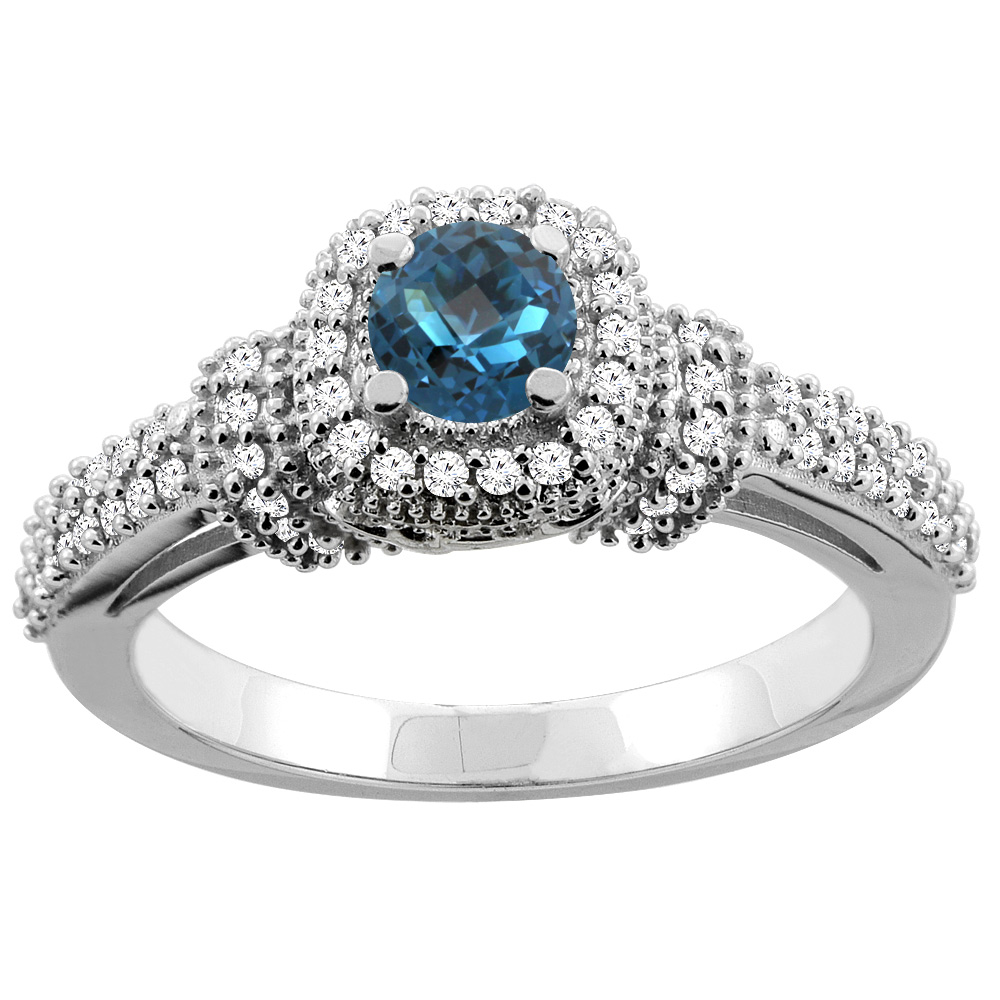 10K Gold Natural London Blue Topaz Engagement Halo Ring Round 5mm Diamond Accents, sizes 5 - 10