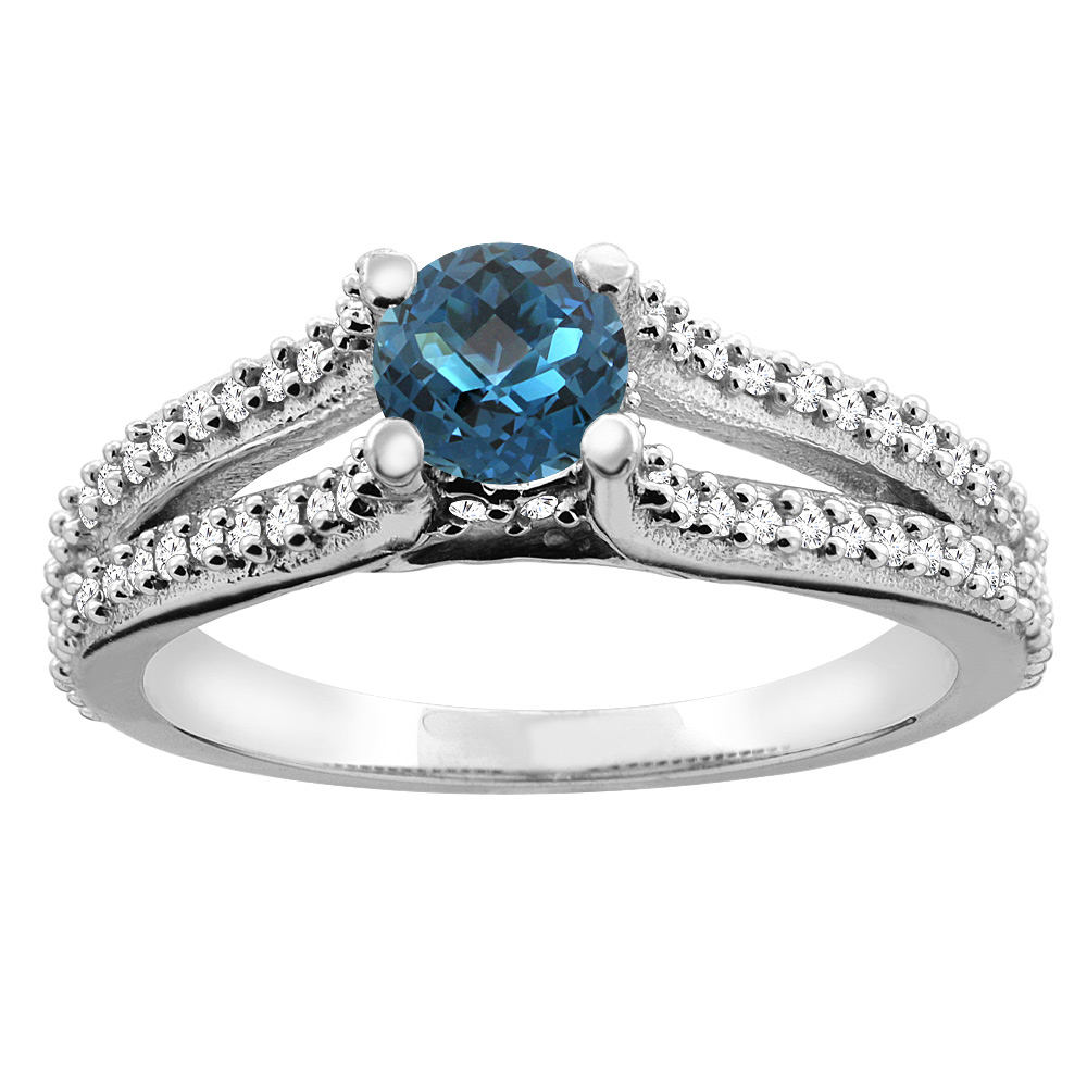 14K Yellow Gold Natural London Blue Topaz Engagement Split Shank Ring Round 5mm Diamond Accents, sizes 5 - 10