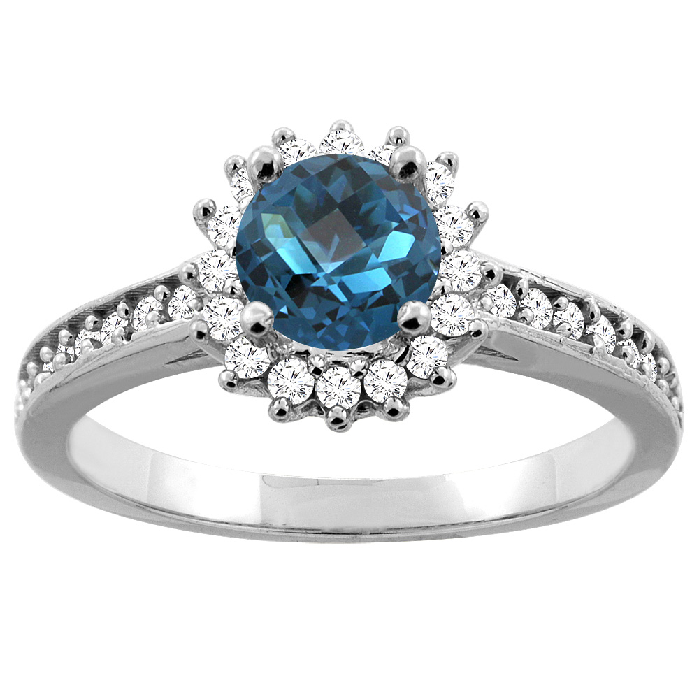 10K Gold Natural London Blue Topaz Floral Halo Diamond Engagement Ring Round 6mm, sizes 5 - 10