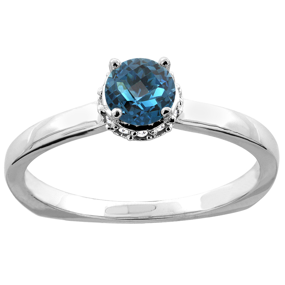 14K Gold Natural London Blue Topaz Solitaire Engagement Ring Round 4mm Diamond Accents, sizes 5 - 10