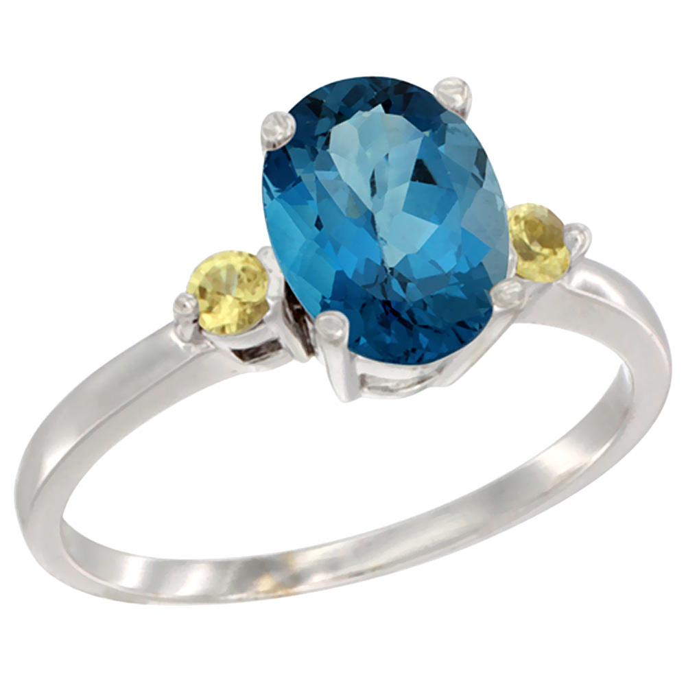 14K White Gold Natural London Blue Topaz Ring Oval 9x7 mm Yellow Sapphire Accent, sizes 5 to 10