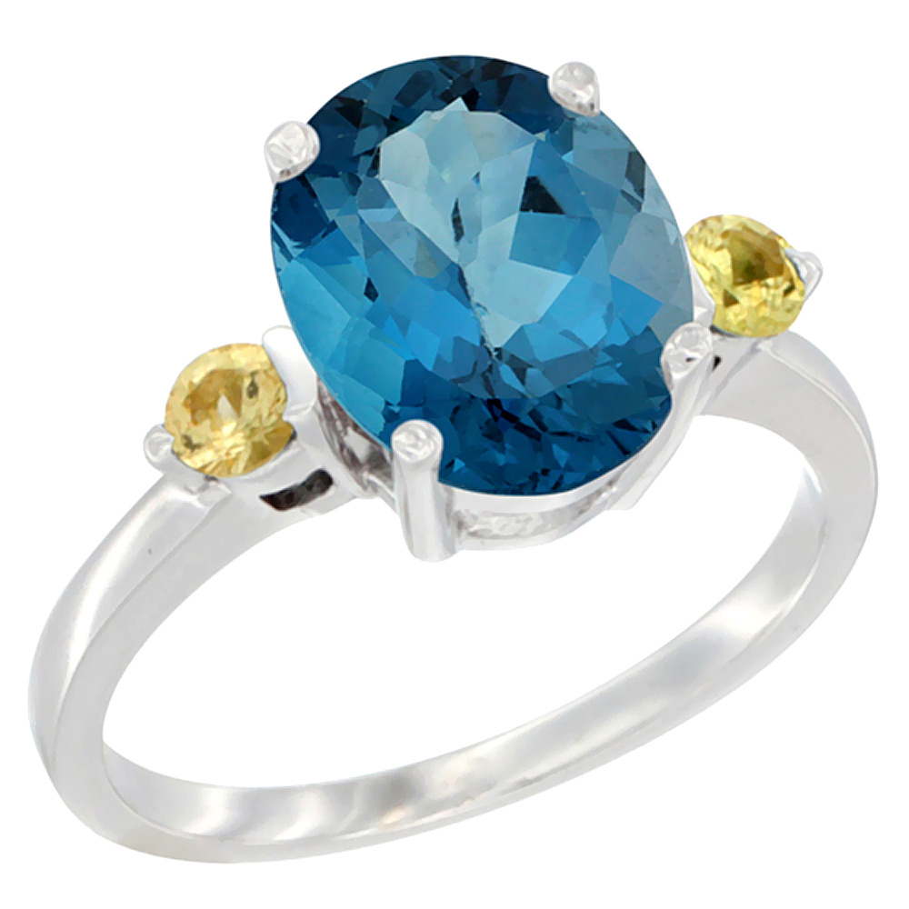 14K White Gold 10x8mm Oval Natural London Blue Topaz Ring for Women Yellow Sapphire Side-stones sizes 5 - 10