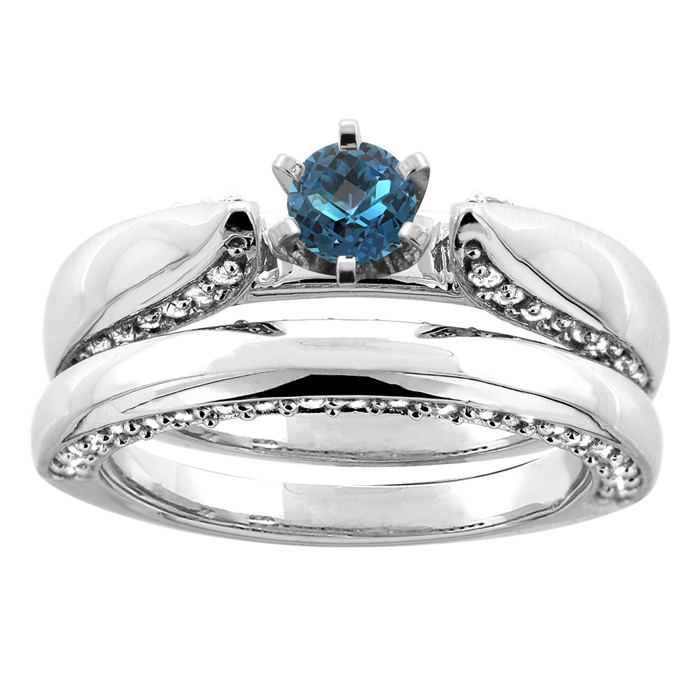 10K White Gold Natural London Blue Topaz 2-piece Bridal Ring Set Diamond Accents Round 5mm, sizes 5 - 10
