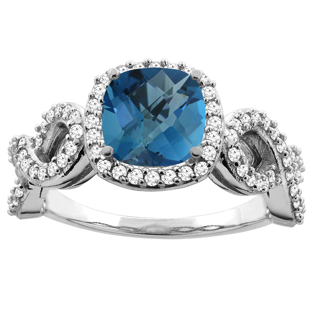 14K Gold Natural London Blue Topaz Engagement Ring Cushion 7mm Eternity Diamond Accents, sizes 5 - 10