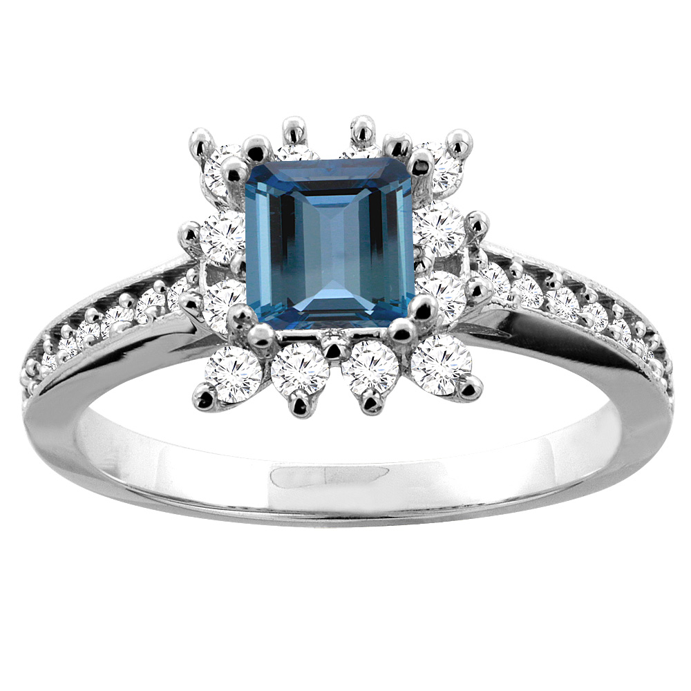 10K White Gold Natural London Blue Topaz Engagement Ring Diamond Accents Square 5mm, sizes 5 - 10