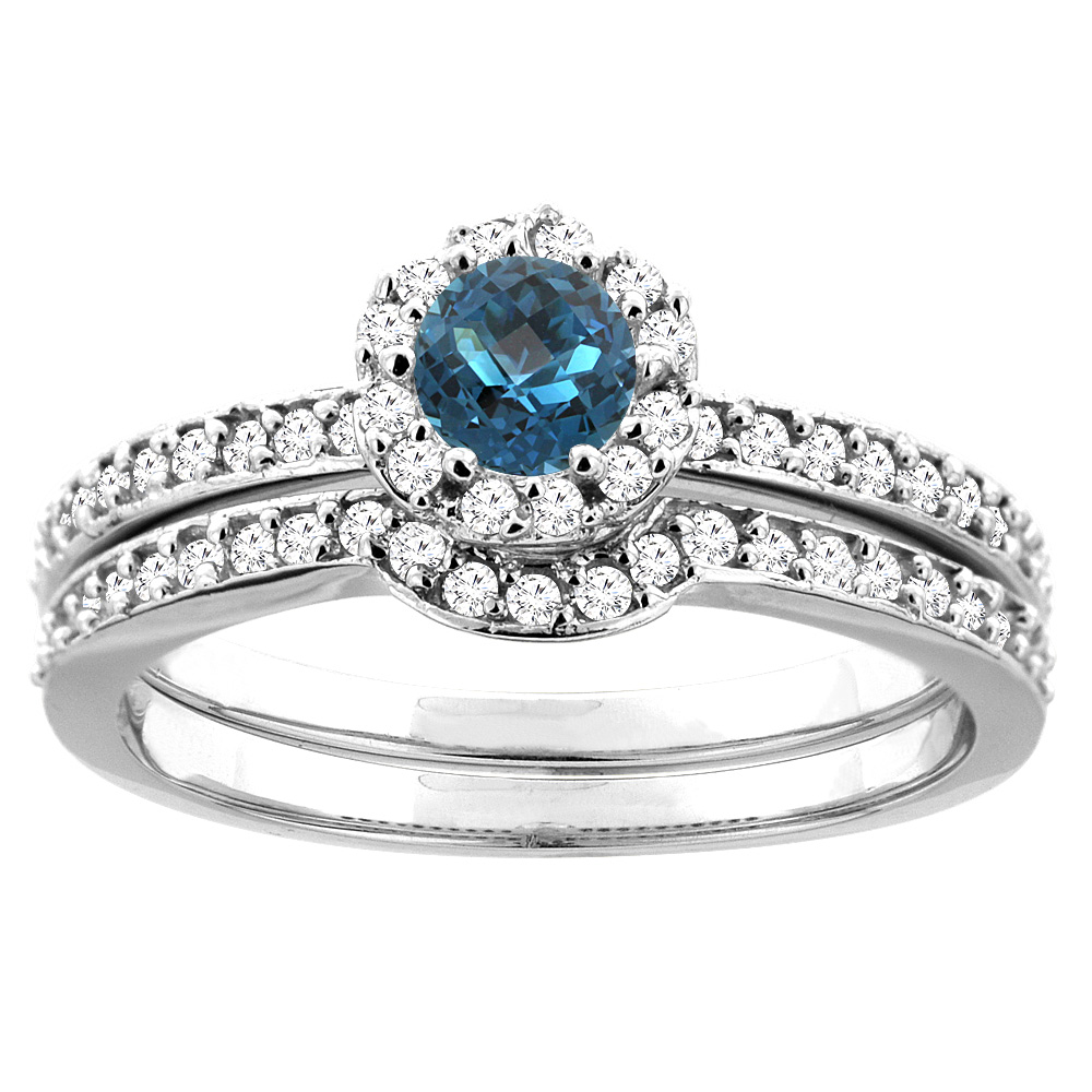 10K White Gold Natural London Blue Topaz 2-pc Bridal Ring Set Diamond Accent Round 4mm, sizes 5 - 10