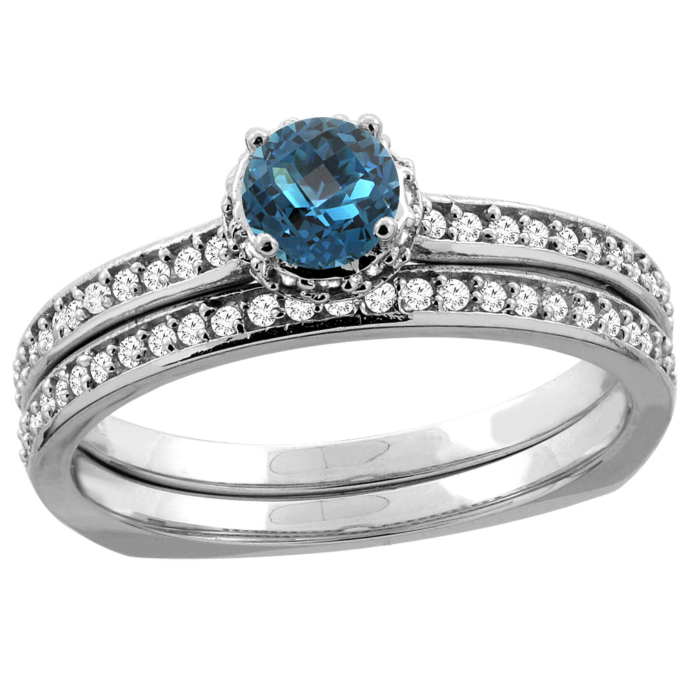 10K White Gold Diamond Natural London Blue Topaz 2-pc Bridal Ring Set Round 4mm, sizes 5 - 10