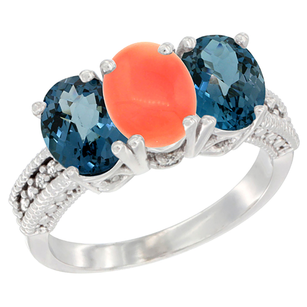 10K White Gold Natural Coral &amp; London Blue Topaz Sides Ring 3-Stone Oval 7x5 mm Diamond Accent, sizes 5 - 10