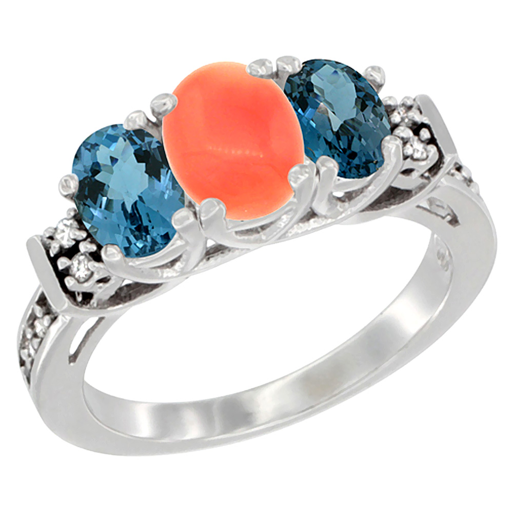 10K White Gold Natural Coral &amp; London Blue Ring 3-Stone Oval Diamond Accent, sizes 5-10