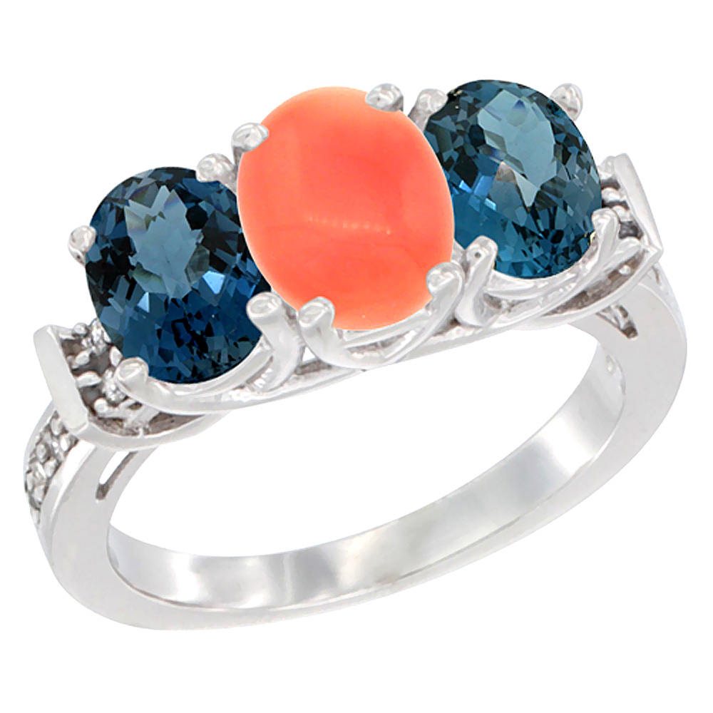 10K White Gold Natural Coral & London Blue Topaz Sides Ring 3-Stone Oval Diamond Accent, sizes 5 - 10