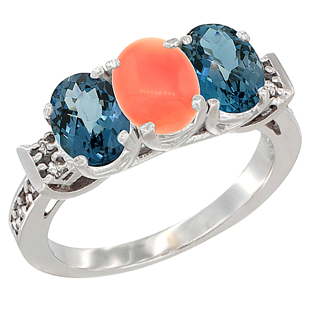 14K White Gold Natural Coral &amp; London Blue Topaz Sides Ring 3-Stone 7x5 mm Oval Diamond Accent, sizes 5 - 10