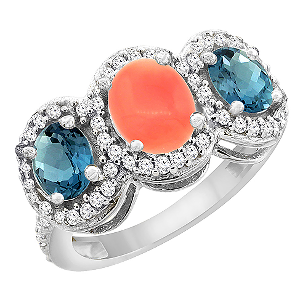 10K White Gold Natural Coral & London Blue Topaz 3-Stone Ring Oval Diamond Accent, sizes 5 - 10