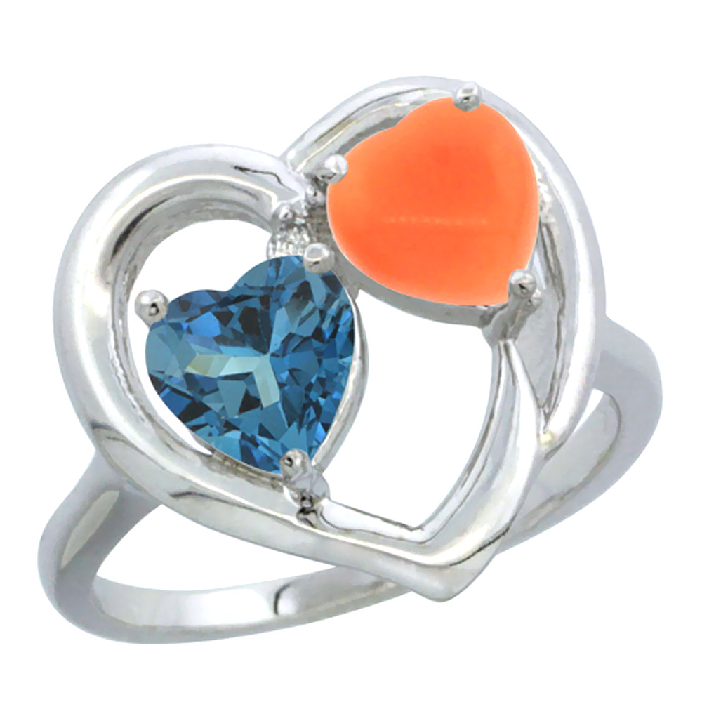 14K White Gold Diamond Two-stone Heart Ring 6mm Natural London Blue Topaz &amp; Coral, sizes 5-10