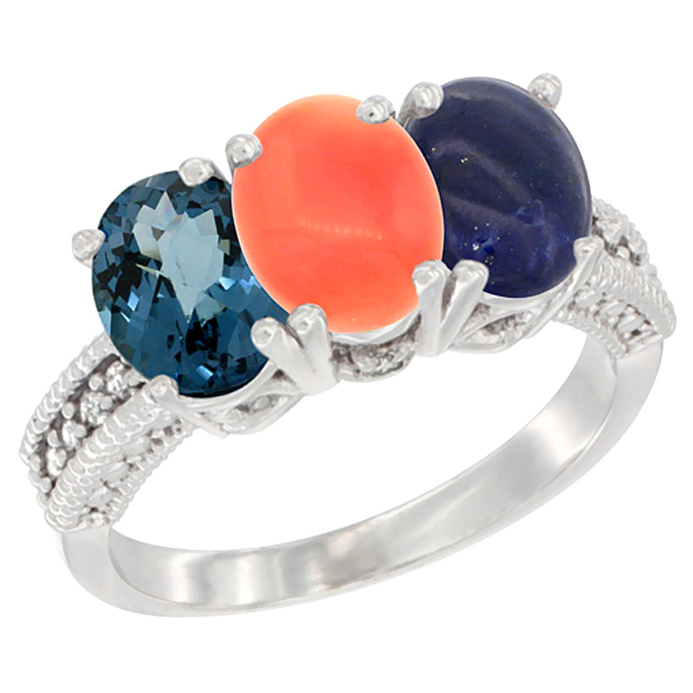 10K White Gold Natural London Blue Topaz, Coral &amp; Lapis Ring 3-Stone Oval 7x5 mm Diamond Accent, sizes 5 - 10