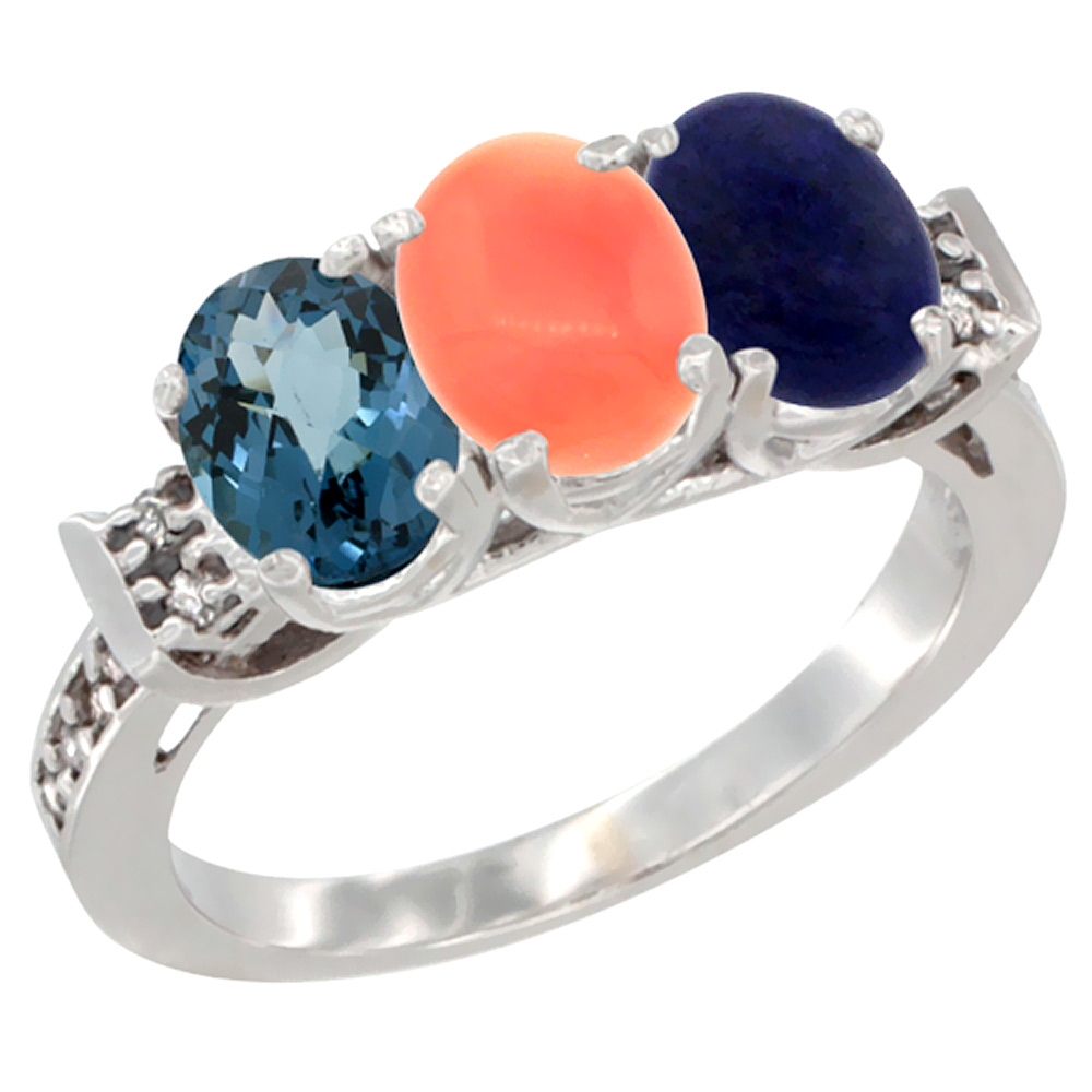 10K White Gold Natural London Blue Topaz, Coral & Lapis Ring 3-Stone Oval 7x5 mm Diamond Accent, sizes 5 - 10