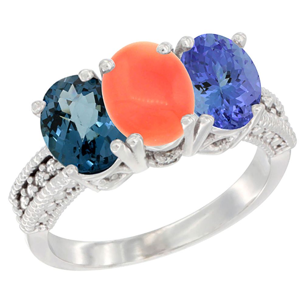 14K White Gold Natural London Blue Topaz, Coral &amp; Tanzanite Ring 3-Stone 7x5 mm Oval Diamond Accent, sizes 5 - 10