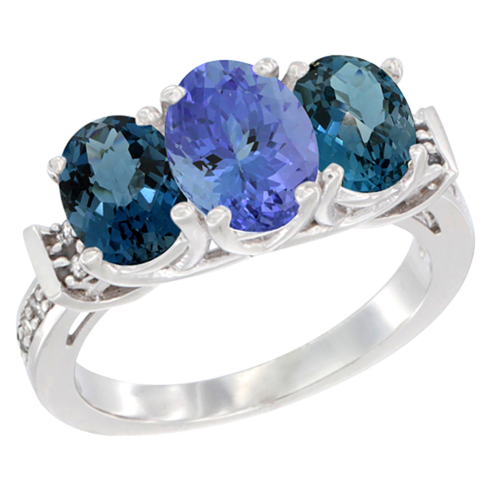 14K White Gold Natural Tanzanite & London Blue Topaz Sides Ring 3-Stone Oval Diamond Accent, sizes 5 - 10
