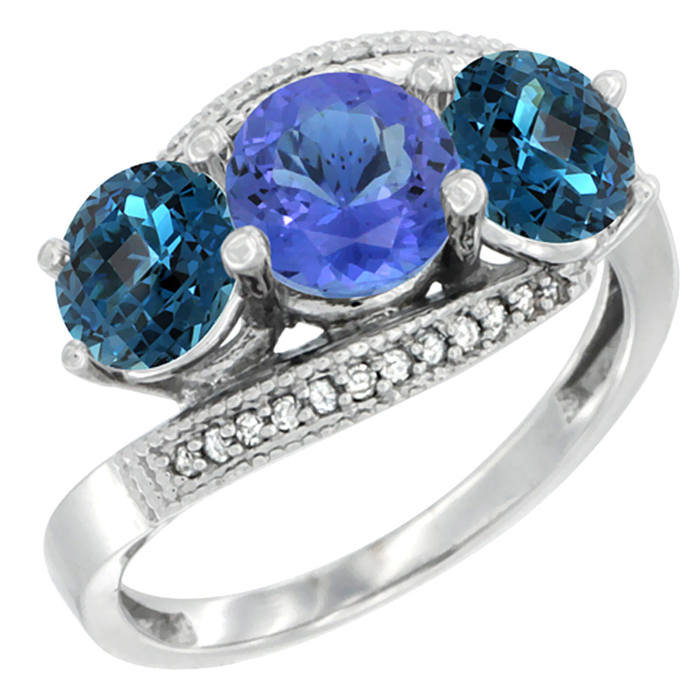 14K White Gold Natural Tanzanite &amp; London Blue Topaz Sides 3 stone Ring Round 6mm Diamond Accent, sizes 5 - 10