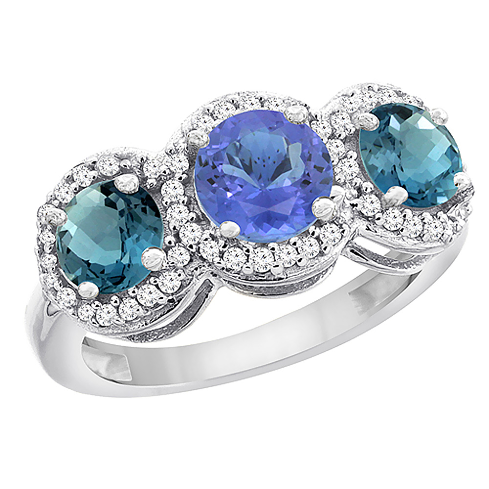 14K White Gold Natural Tanzanite & London Blue Topaz Sides Round 3-stone Ring Diamond Accents, sizes 5 - 10