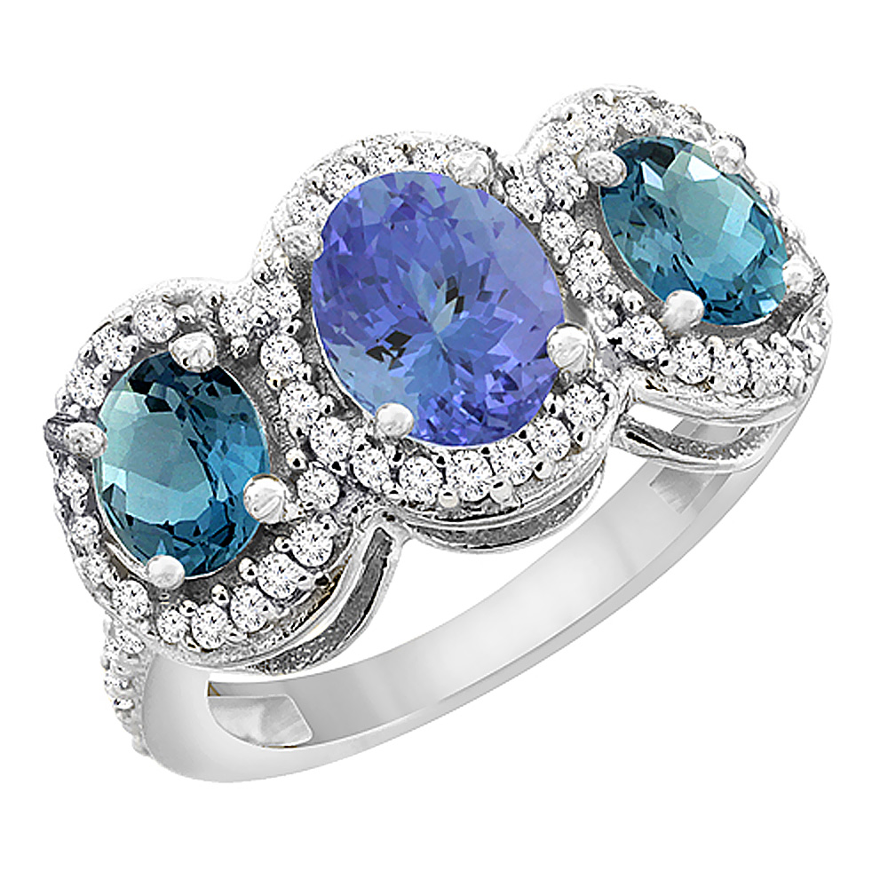 14K White Gold Natural Tanzanite & London Blue Topaz 3-Stone Ring Oval Diamond Accent, sizes 5 - 10