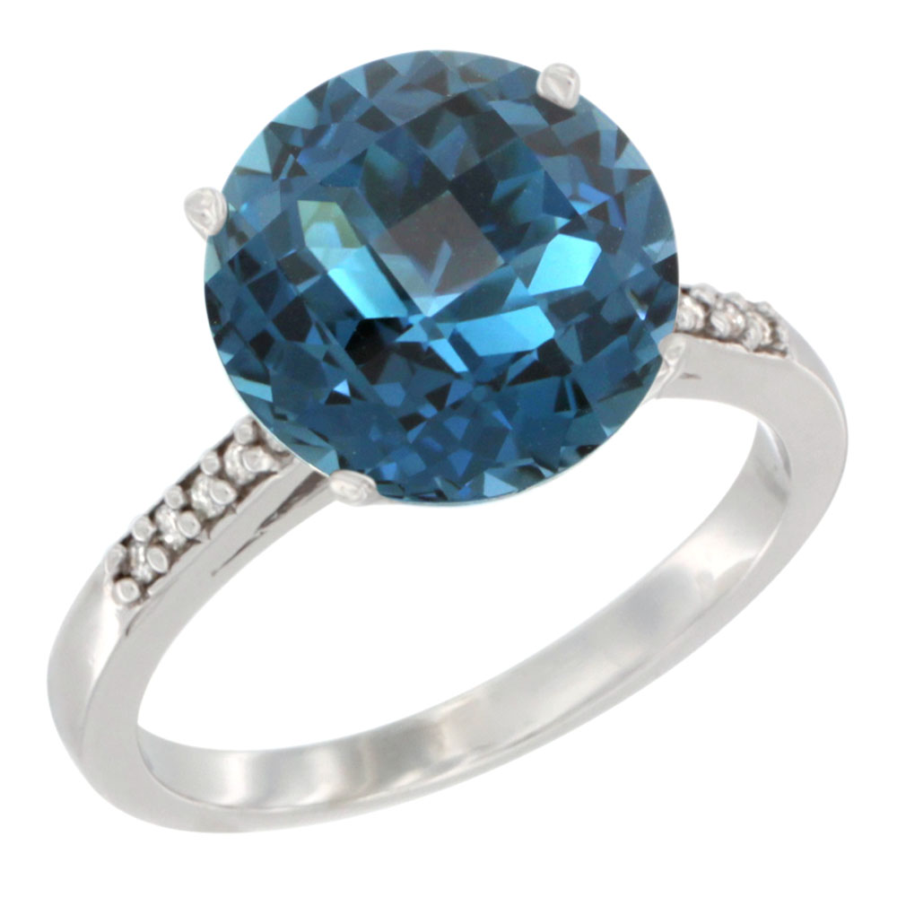 14K White Gold Natural London Blue Topaz Ring Round 10mm Diamond accent, sizes 5 - 10