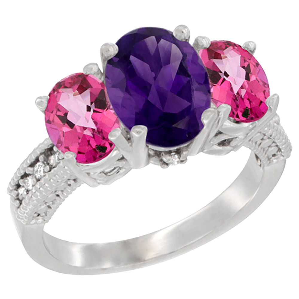 10K White Gold Diamond Natural Amethyst Ring 3-Stone Oval 8x6mm with Pink Topaz, sizes5-10
