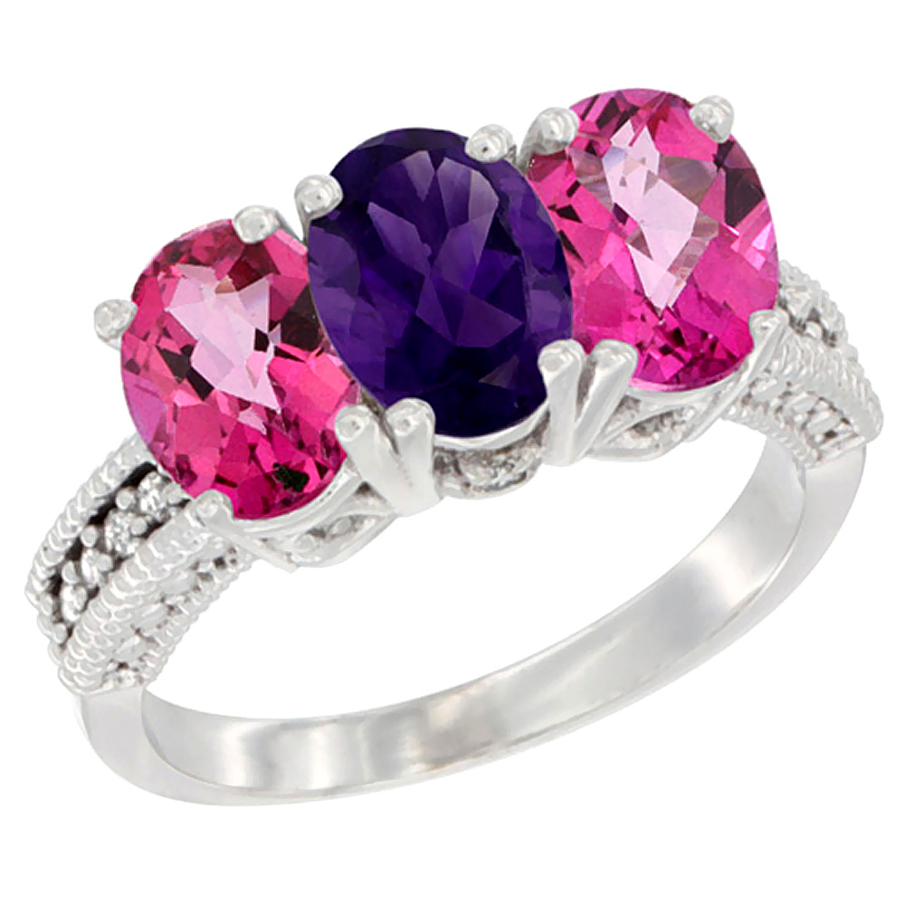 14K White Gold Natural Amethyst & Pink Topaz Sides Ring 3-Stone 7x5 mm Oval Diamond Accent, sizes 5 - 10
