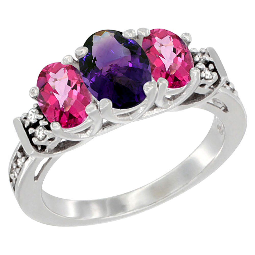 10K White Gold Natural Amethyst &amp; Pink Topaz Ring 3-Stone Oval Diamond Accent, sizes 5-10