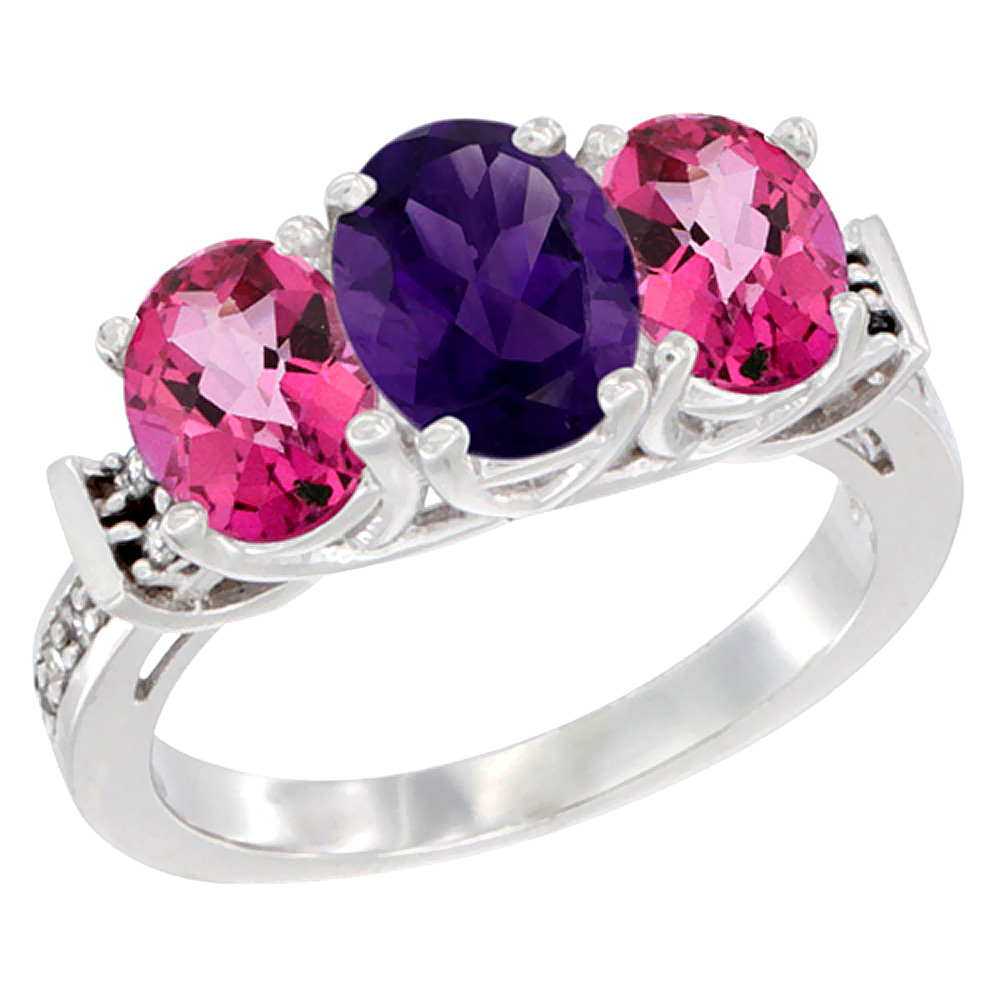 10K White Gold Natural Amethyst &amp; Pink Topaz Sides Ring 3-Stone Oval Diamond Accent, sizes 5 - 10