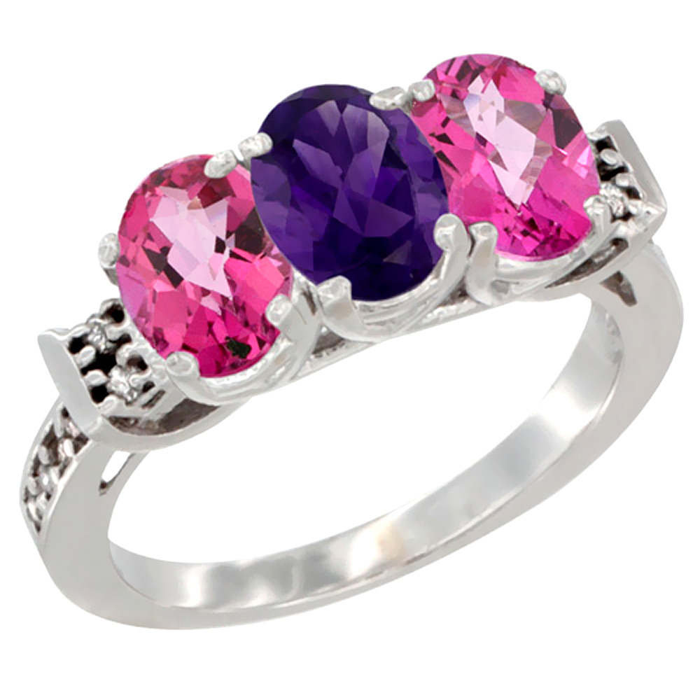 14K White Gold Natural Amethyst &amp; Pink Topaz Sides Ring 3-Stone 7x5 mm Oval Diamond Accent, sizes 5 - 10