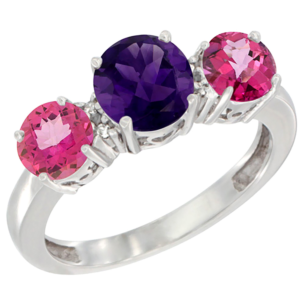 10K White Gold Round 3-Stone Natural Amethyst Ring & Pink Topaz Sides Diamond Accent, sizes 5 - 10
