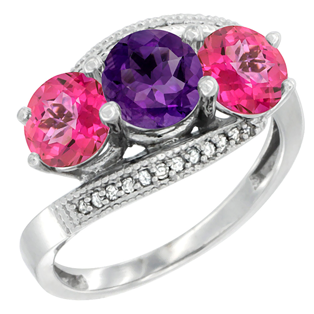 10K White Gold Natural Amethyst &amp; Pink Topaz Sides 3 stone Ring Round 6mm Diamond Accent, sizes 5 - 10