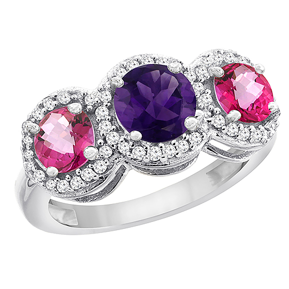 10K White Gold Natural Amethyst &amp; Pink Topaz Sides Round 3-stone Ring Diamond Accents, sizes 5 - 10