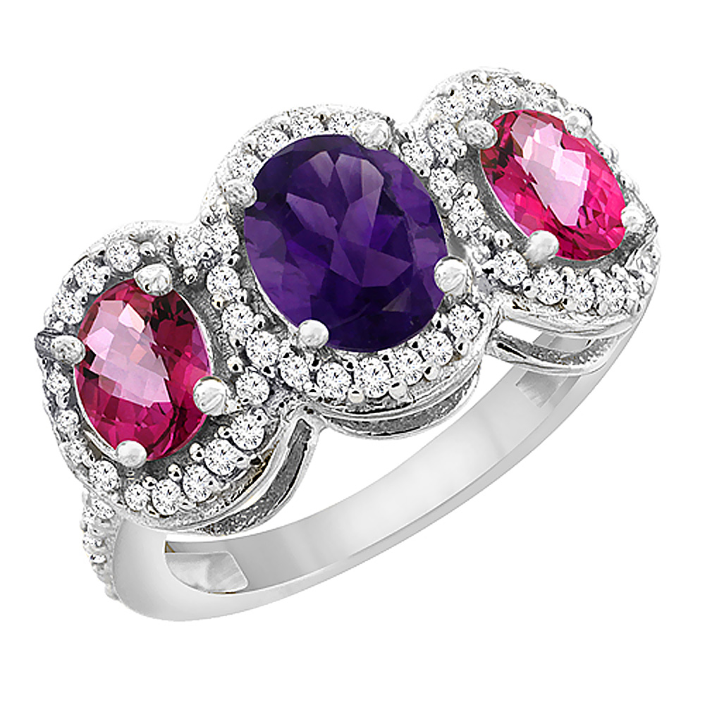 10K White Gold Natural Amethyst &amp; Pink Topaz 3-Stone Ring Oval Diamond Accent, sizes 5 - 10