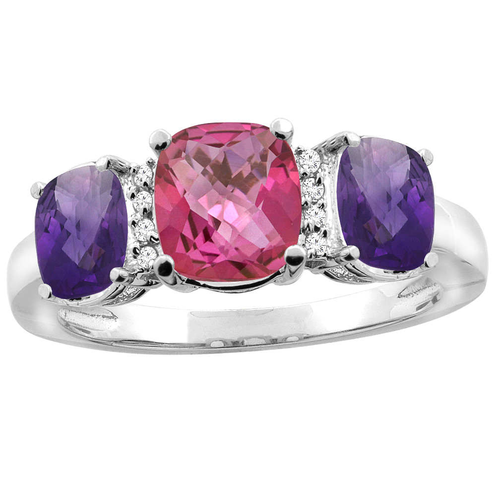 10K White Gold Natural Pink Topaz &amp; Amethyst 3-stone Ring Cushion 8x6mm Diamond Accent, sizes 5 - 10