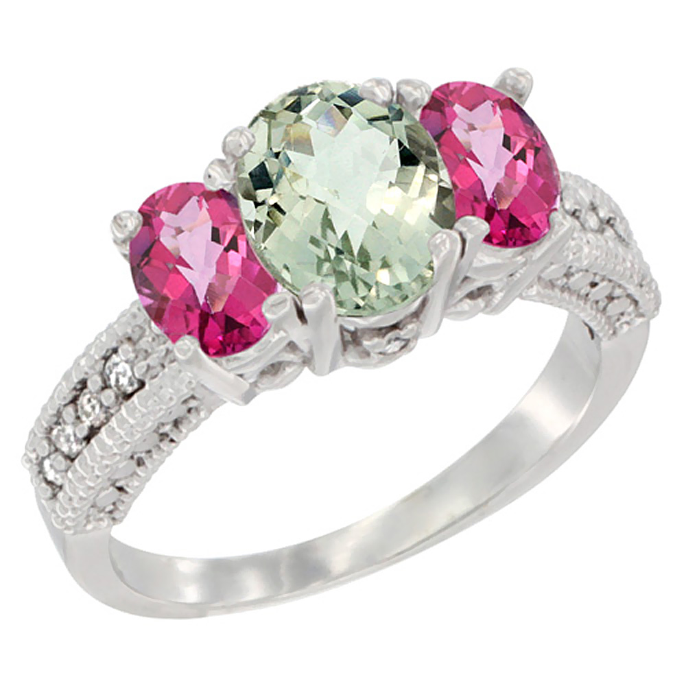 14K White Gold Diamond Natural Green Amethyst Ring Oval 3-stone with Pink Topaz, sizes 5 - 10
