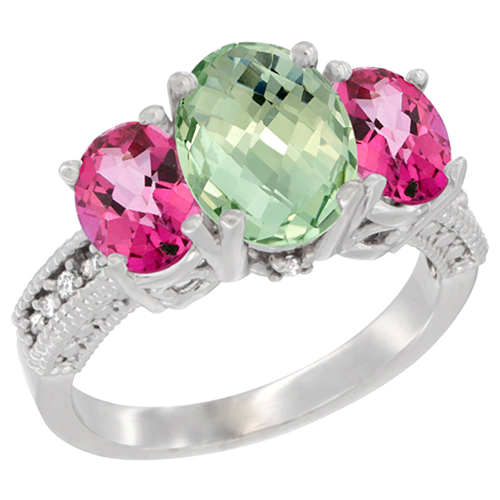 14K White Gold Diamond Natural Green Amethyst Ring 3-Stone Oval 8x6mm with Pink Topaz, sizes5-10