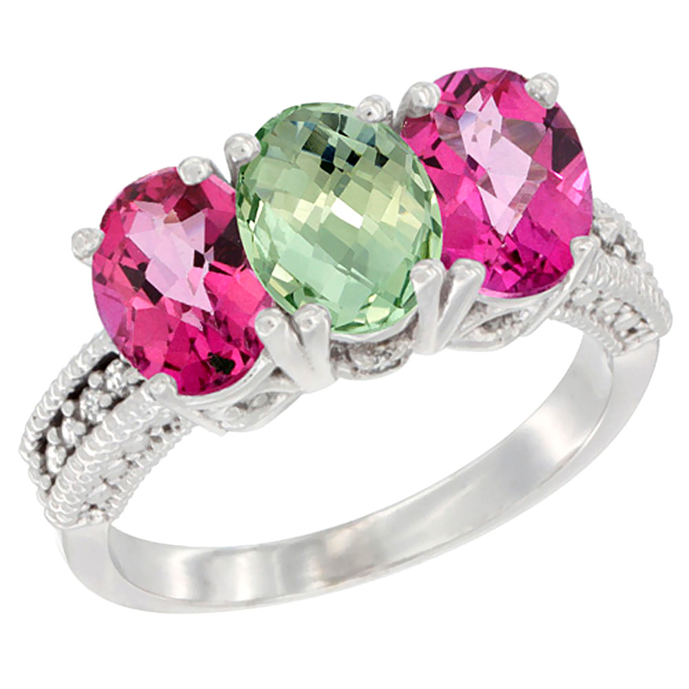 14K White Gold Natural Green Amethyst & Pink Topaz Sides Ring 3-Stone 7x5 mm Oval Diamond Accent, sizes 5 - 10