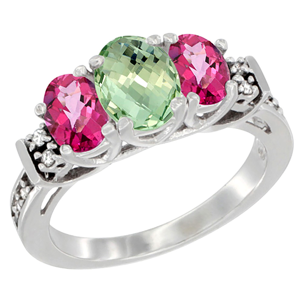 10K White Gold Natural Green Amethyst & Pink Topaz Ring 3-Stone Oval Diamond Accent, sizes 5-10