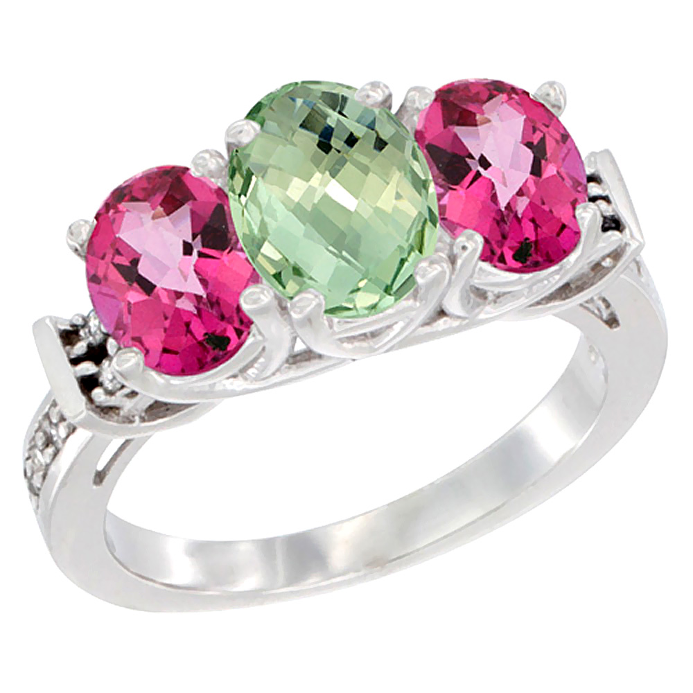 14K White Gold Natural Green Amethyst &amp; Pink Topaz Sides Ring 3-Stone Oval Diamond Accent, sizes 5 - 10