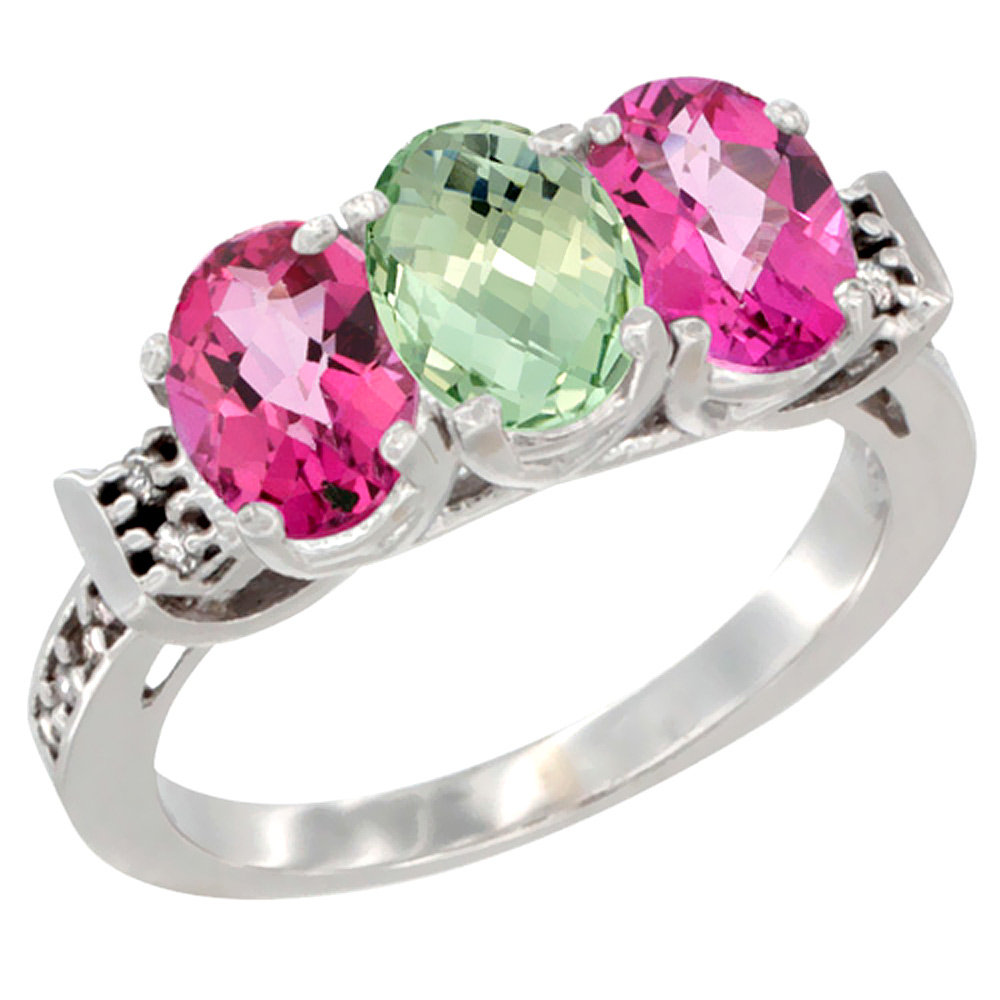 14K White Gold Natural Green Amethyst & Pink Topaz Sides Ring 3-Stone 7x5 mm Oval Diamond Accent, sizes 5 - 10