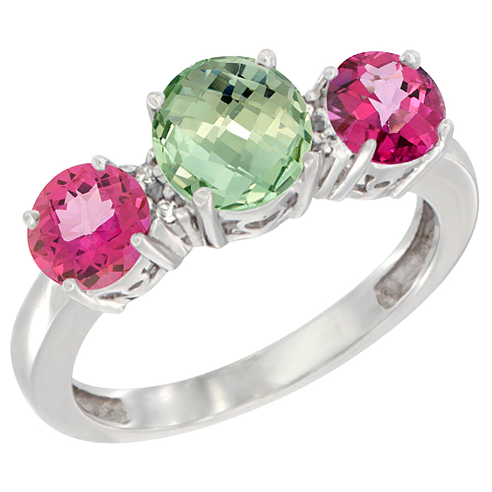 14K White Gold Round 3-Stone Natural Green Amethyst Ring & Pink Topaz Sides Diamond Accent, sizes 5 - 10