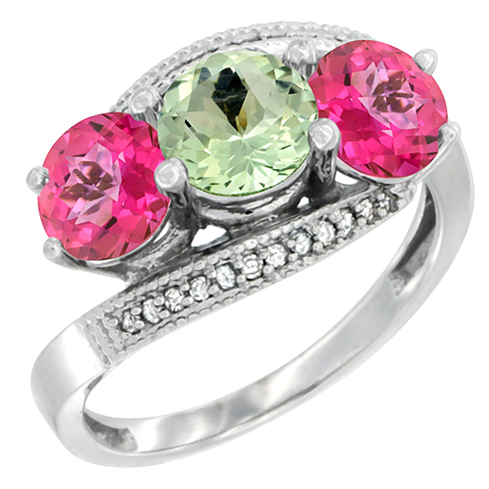 10K White Gold Natural Green Amethyst & Pink Topaz Sides 3 stone Ring Round 6mm Diamond Accent, sizes 5 - 10
