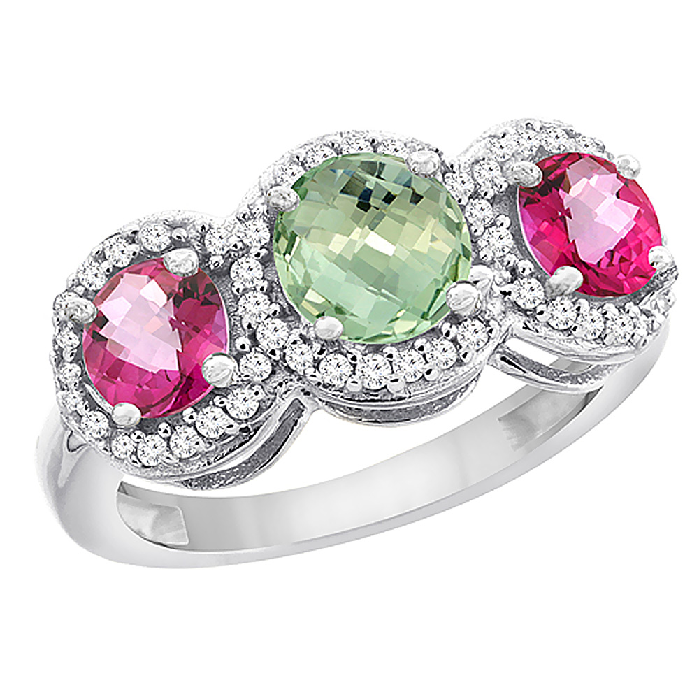 14K White Gold Natural Green Amethyst & Pink Topaz Sides Round 3-stone Ring Diamond Accents, sizes 5 - 10